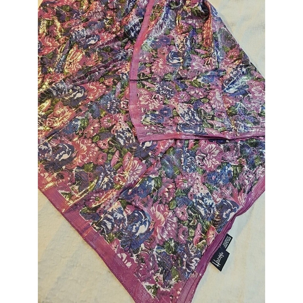 Vintage Large Honey Scarf‎ Purple Blue Matalic Floral
